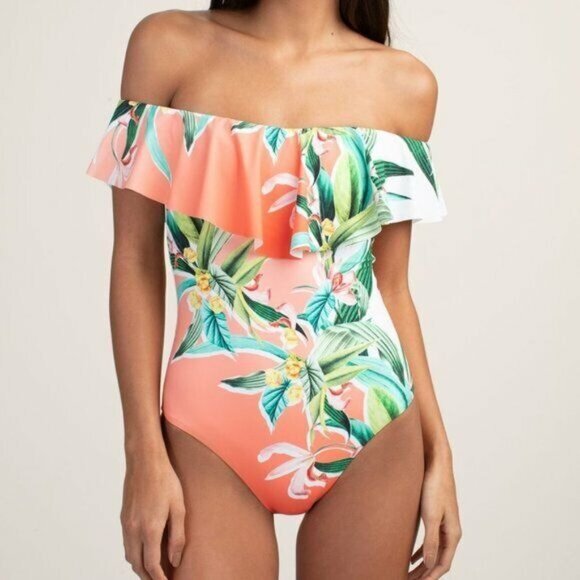 Trina Turk Swimsuit Women 4 Costa de Prata Off Shoulder One Piece Ruffle Floral - Picture 4 of 6